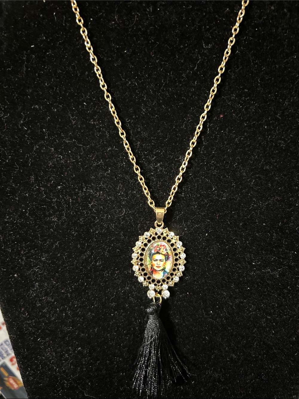 Gold Frida Kahlo Portrait Tassel Necklace - Women Jewelry